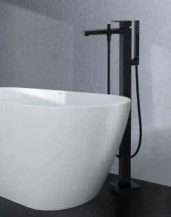 Mitigeur de baignoire monocommande sur pied avec bec et douchette + flexible - Noir mat - 13,5x31,5x94cm - Manhattan