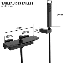 Mitigeur de Baignoire Mural avec Bec Cascade et Douchette a Main Flexible 1 5 m Laiton Noir Mat