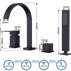 Mitigeur de Douche et Robinet de Douche Bain-Douche 4 Trous Double Sortie Encastre en Laiton Noir Bec Cascade Pivotant 360