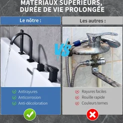 Mitigeur de Douche et Robinet de Douche Bain-Douche 4 Trous Double Sortie Encastre en Laiton Noir Bec Cascade Pivotant 360