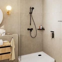 Mitigeur de douche mécanique noir mat avec douchette, flexible et barre réglable, Hansgrohe Vernis Blend