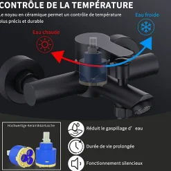 Mitigeur de Douche Robinet de Baignoire Mecanique Monocommande Double Sortie Mural Acier Inoxydable Noir Pour Baignoire