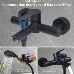Mitigeur de Douche Robinet de Baignoire Mecanique Monocommande Double Sortie Mural Acier Inoxydable Noir Pour Baignoire