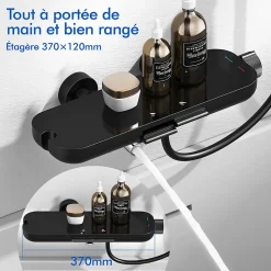 Mitigeur de Douche Robinet Douche Bain Douche Mural Monocommande à Bouton avec Double Sortie et Plateau Rangement Noir