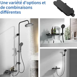 Mitigeur de Douche Robinet Douche Bain Douche Mural Monocommande à Bouton avec Double Sortie et Plateau Rangement Noir