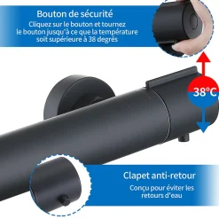 Mitigeur de douche thermostatique securite 38C temperature stable reglage debit separe mural en laiton noir pour douche