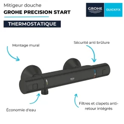 Mitigeur de douche thermostatique GROHE Precision Start noir mat + chiffonnette