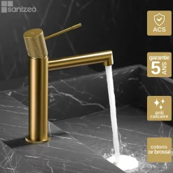 Mitigeur de Lavabo Anti-Calcaire Bec Bas Or Brossé IMEX LINE BDD038-1OC