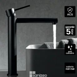 Mitigeur de Lavabo Anti-Calcaire Bec Haut Noir Mat IMEX MILOS STICK BDYS045-3NG