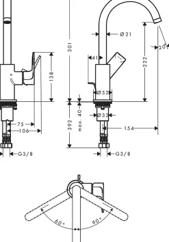 Mitigeur de lavabo avec bec orientable, tirette et vidage noir mat, Hansgrohe Rebris E 210