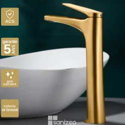 Mitigeur de Lavabo Bec Haut Anti-Calcaire Or Brossé IMEX DELOS BDD055-3OC