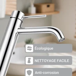 Mitigeur de lavabo haut, chromé, monocommande, mixte froid/chaud