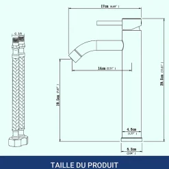 Mitigeur de lavabo haut, noir, monocommande, acier inoxydable, mixte froid/chaud
