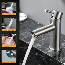 Mitigeur de lavabo monocommande en acier inoxydable, mitigeur de salle de bain au design moderne, eau chaude et froide réglable
