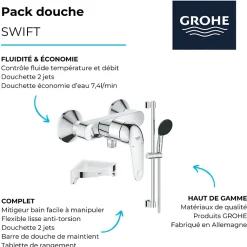Mitigeur douche mécanique GROHE Swift 2023 + Ensemble de douche 2 jets avec barre + Tablette de douche d'angle