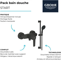 Mitigeur douche mécanique GROHE start Black + Ensemble de douche 2 jets avec barre Noir + Panier douche
