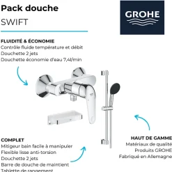Mitigeur douche mécanique GROHE Swift 2023 + Ensemble de douche 2 jets avec barre + Panier douche