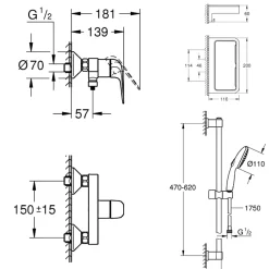 Mitigeur douche mécanique GROHE Swift 2023 + Ensemble de douche 2 jets avec barre + Panier douche