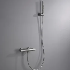 Mitigeur douche thermostatique nickel brosse en laiton et zamac avec support et flexible