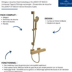 Mitigeur douche thermostatique VILLEROY ET BOCH Universal rectangle + Ensemble de douche Verve Showers 3 jets Or brossé