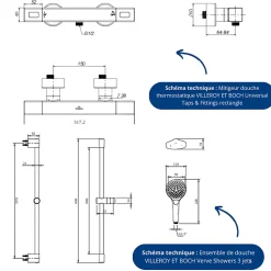Mitigeur douche thermostatique VILLEROY ET BOCH Universal rectangle + Ensemble de douche Verve Showers 3 jets Or brossé