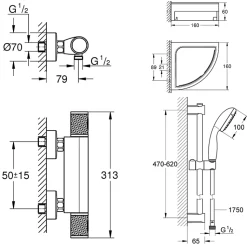Mitigeur douche thermostatique GROHE Precision Start + Ensemble de douche avec barre 2 jets + Tablette de douche d'angle