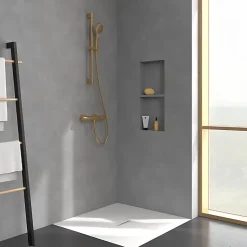 Mitigeur douche thermostatique VILLEROY ET BOCH Universal rond + Ensemble de douche Verve Showers 3 jets Or brossé