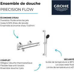 Mitigeur douche thermostatique GROHE GROHE Precision Flow + Ensemble de douche 2 jets avec barre Chromé