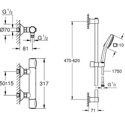 Mitigeur douche thermostatique GROHE GROHE Precision Flow + Ensemble de douche 2 jets avec barre Chromé