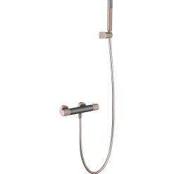 Mitigeur douche thermostatique champagne en laiton et zama avec flexible PVC