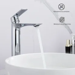 Mitigeur Lavabo Chromé Bec Haut Monocommande Robinet de Lavabo Eau Chaude et Froide pour Vasque à Poser Salle de Bain