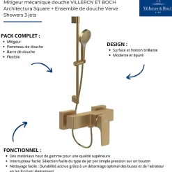 Mitigeur mécanique douche VILLEROY ET BOCH Architectura Square + Ensemble de douche Verve Showers 3 jets Or brossé