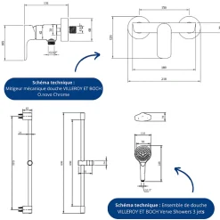 Mitigeur mécanique douche VILLEROY ET BOCH O.novo Chrome + Ensemble de douche VILLEROY ET BOCH Verve Showers 3 jets Chrome