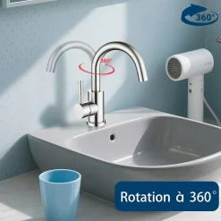 Mitigeur pivotant 360, argent, acier inoxydable, eau chaude/froide, facile à installer, lavabo, petite cuisine, bain/cuisine