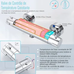 Mitigeur Thermostatique Douche en Laiton Massif Chromé Mural avec Bouton de Sécurité