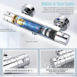 Mitigeur Thermostatique Douche en Laiton Massif Chromé Mural avec Bouton de Sécurité