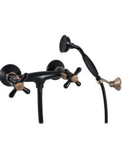 Mélangeur douche mural rétro MORAVA en laiton bronze noir-Bronze-Avec douchette à support pivotant-Bronze-15 --150 --15