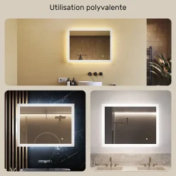 Mural Miroir LED 80x60 Miroir Salle de Bain avec tactile et 3 temperatures de Couleur