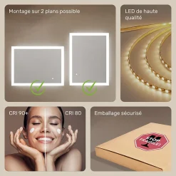 Mural Miroir LED 80x60 Miroir Salle de Bain avec tactile et 3 temperatures de Couleur