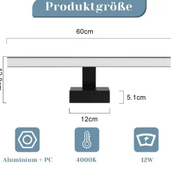 NETTLIFE Lampe Miroir LED IP44 12W 60cm Blanc Neutre 4000K Salle de Bain Noire