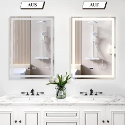 NETTLIFE Miroir lumineux salle de bain - 50x70 cm LED, mural, IP44, interrupteur tactile, horloge, antibuée, réglable