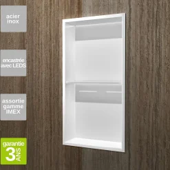 Niche de Douche Mural Éclairage Led 33 x 63 cm - Rangement Salle de Bain en finition Blanc Satiné - MARSHALL