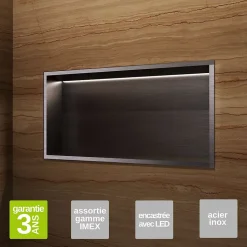 Niche de Douche Mural Éclairage Led 63 x 33 cm - Rangement Salle de Bain en finition Noir Métal - OCEANIC
