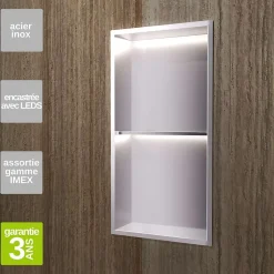 Niche de Douche Mural Éclairage Led 33 x 63 cm - Rangement Salle de Bain en finition Niquel Brossé - MARSHALL