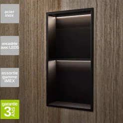 Niche de Douche Mural Éclairage Led 33 x 63 cm - Rangement Salle de Bain en finition Noir Mat - MARSHALL
