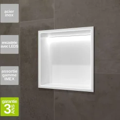 Niche de Douche Mural Éclairage Led 33 x 33 cm - Rangement Salle de Bain en finition Blanc Satiné - INDIC