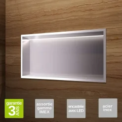 Niche de Douche Mural Éclairage Led 63 x 33 cm - Rangement Salle de Bain en finition Niquel Brossé - OCEANIC