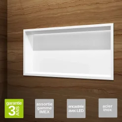 Niche de Douche Mural Éclairage Led 63 x 33 cm - Rangement Salle de Bain en finition Blanc Satiné - OCEANIC