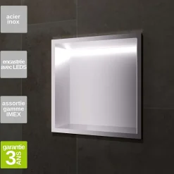 Niche de Douche Mural Éclairage Led 33 x 33 cm - Rangement Salle de Bain en finition Niquel Brossé - INDIC