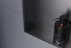 Niche murale douche acier inox + Spot LED, étagère douche encastrable - 30x30x10cm (HxLxP) - Gun métal, 1x Spot Chrome
